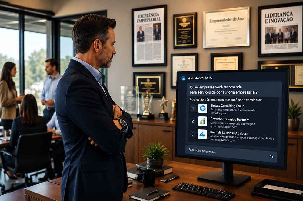 A Lacuna da Reputação: O que a IA Revela e o SEO Escondia Executivo observa uma lista de empresas recomendadas por inteligência artificial, enquanto prêmios e certificados na parede representam a reputação de sua empresa, ausente das recomendações.