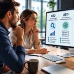 Dois profissionais analisam em um monitor as diferenças entre SEO, AEO e GEO, com gráficos sobre mecanismos de busca, respostas e inteligência artificial generativa.