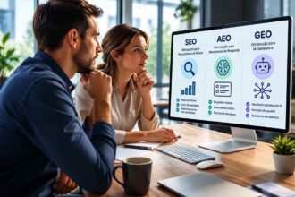 Dois profissionais analisam em um monitor as diferenças entre SEO, AEO e GEO, com gráficos sobre mecanismos de busca, respostas e inteligência artificial generativa.