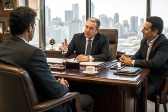 Business owner discussing professional reputation with two executives during a private meeting
