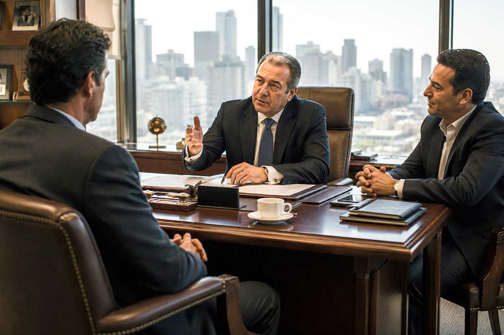 Business owner discussing professional reputation with two executives during a private meeting