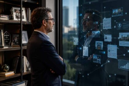 Executive viewing digital evidence of reputation, trust and authority