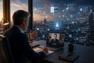 Executive discussing ideas with a remote ghostwriter as his expertise expands into a digital authority network.