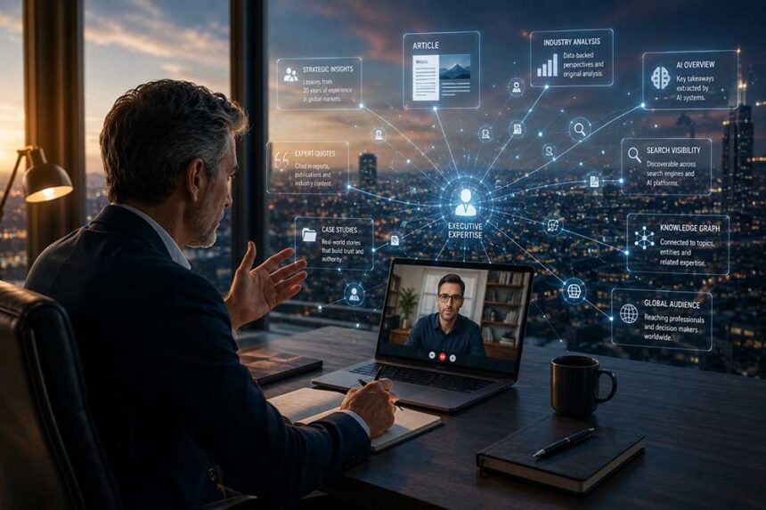 Executive discussing ideas with a remote ghostwriter as his expertise expands into a digital authority network.