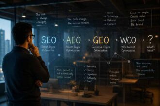 SEO, AEO, GEO and WCO illustrating the evolution of Web Content Optimization