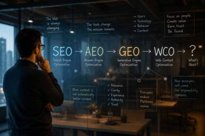 SEO, AEO, GEO and WCO illustrating the evolution of Web Content Optimization