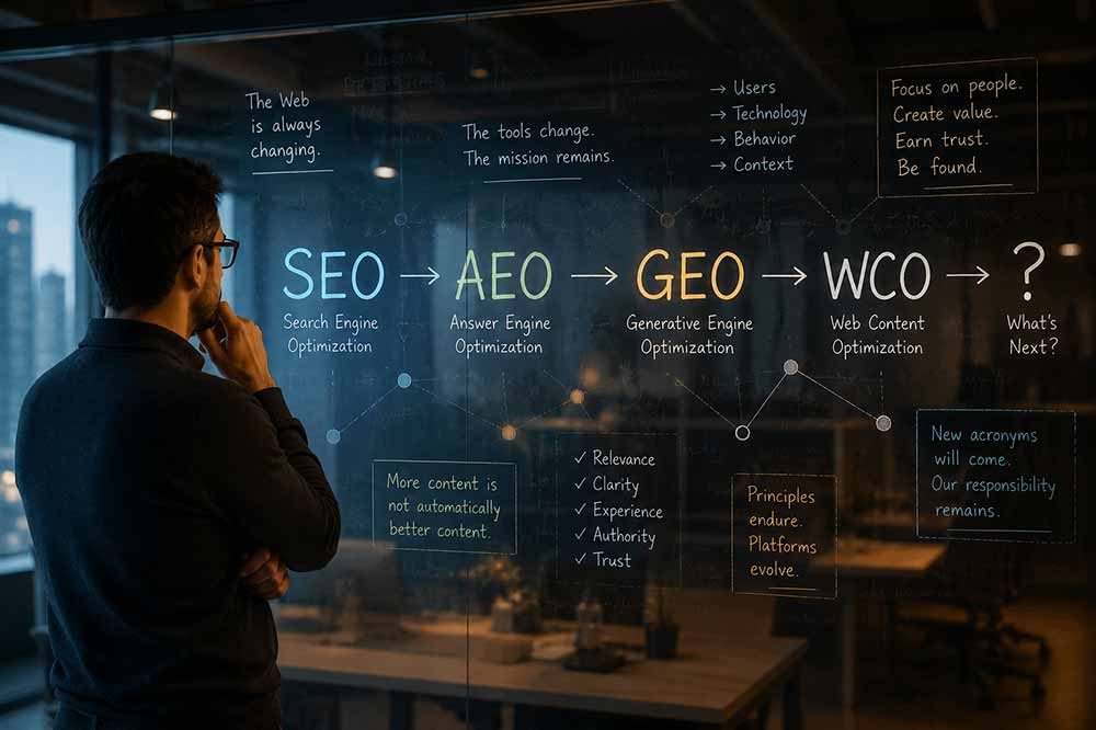 SEO, AEO, GEO & Web Content Optimization Quotes SEO, AEO, GEO and WCO illustrating the evolution of Web Content Optimization