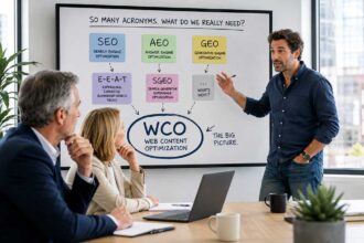Business executives learning how SEO, AEO and GEO fit into Web Content Optimization (WCO)