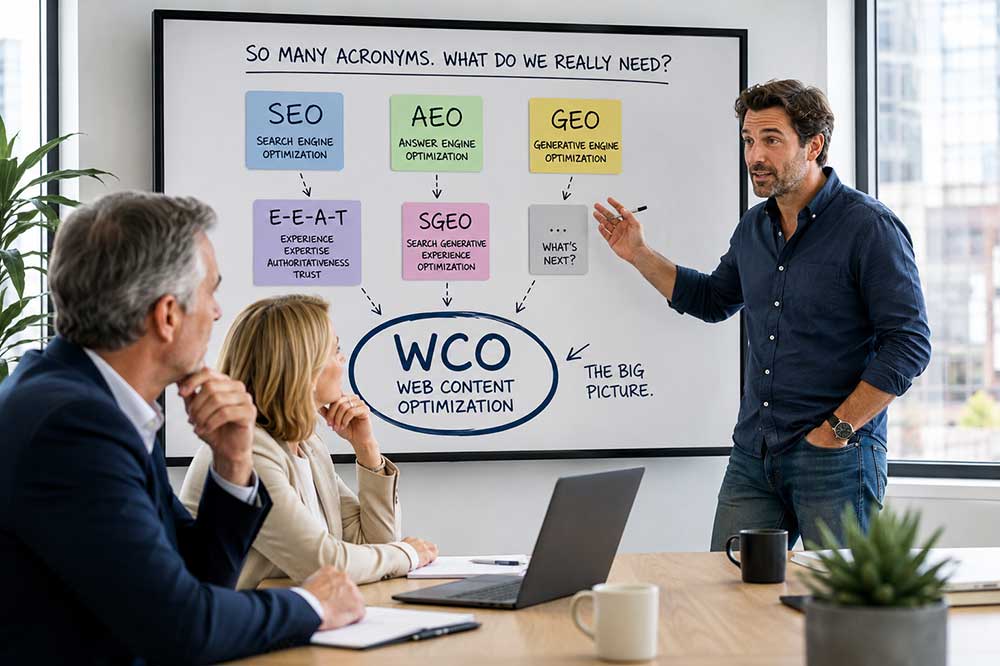 Business executives learning how SEO, AEO and GEO fit into Web Content Optimization (WCO)