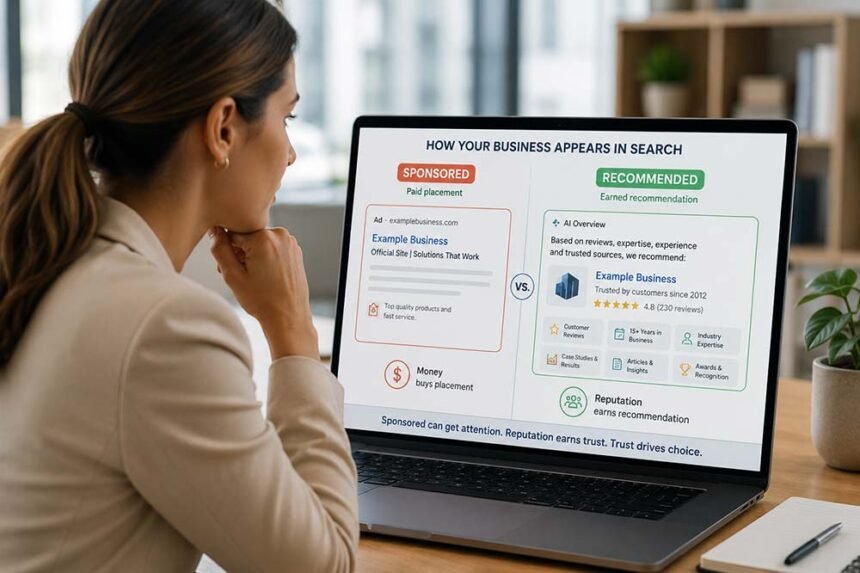 Sponsored search result compared with AI recommendation based on digital reputation