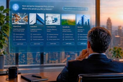 Executive evaluating company options presented by AI before making a business decision