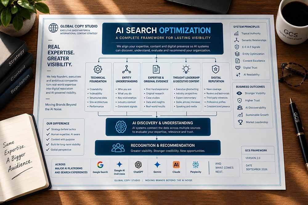 Global Copy Studio AI Search Optimization Framework connecting technical foundations, entity understanding, expertise, thought leadership and digital reputation to AI discovery, recognition and recommendation