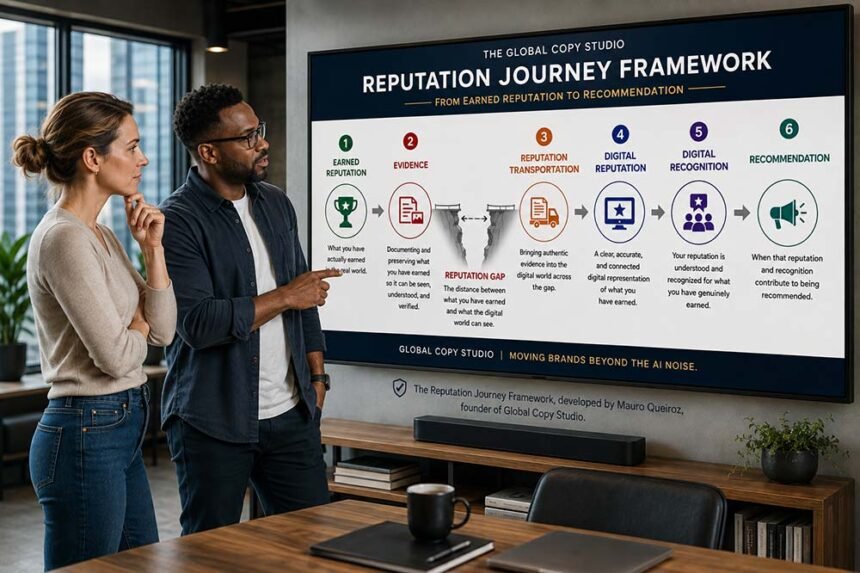 Two executives reviewing the Global Copy Studio Reputation Journey Framework, from Earned Reputation and the Reputation Gap to Digital Recognition and Recommendation.